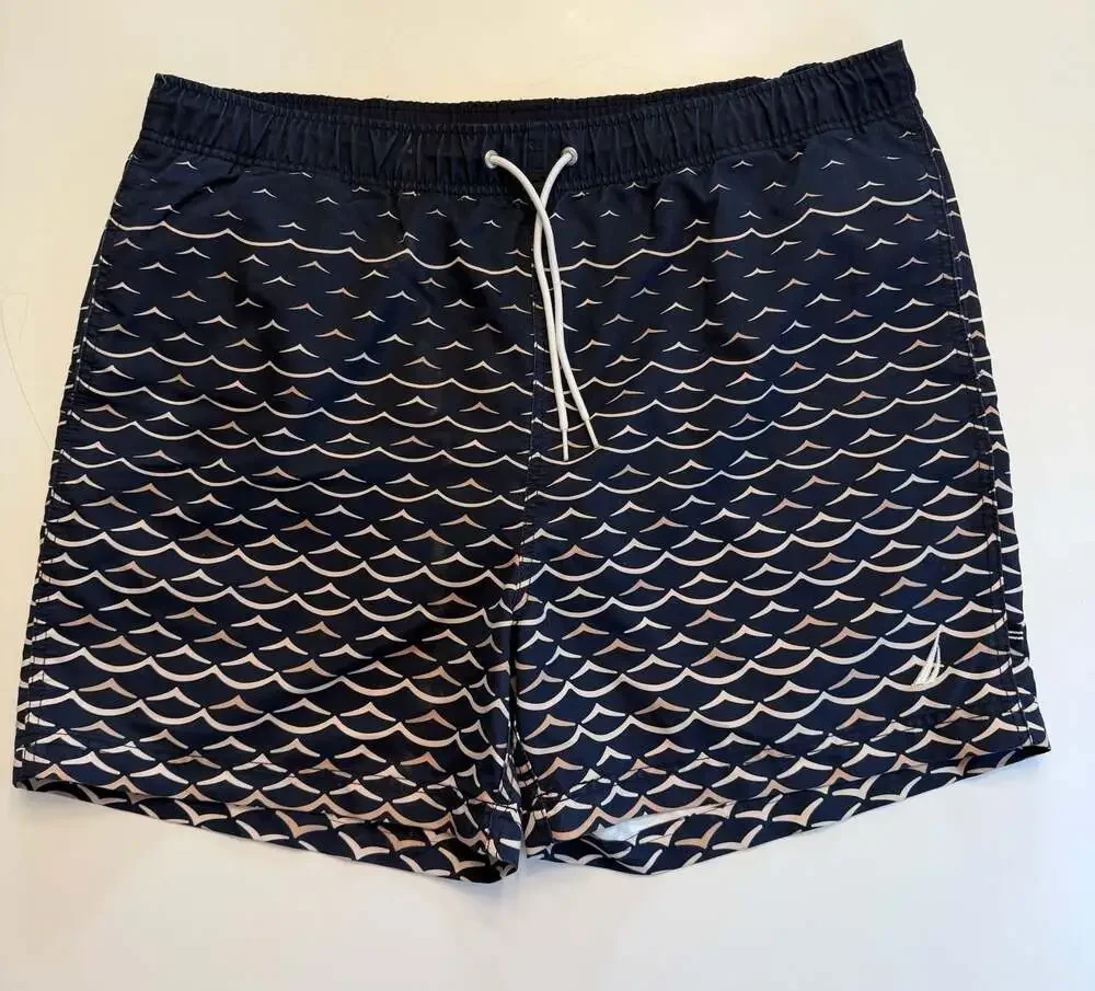 Nautica Men's Navy Blue Geometric Wave Print Swim Trunks